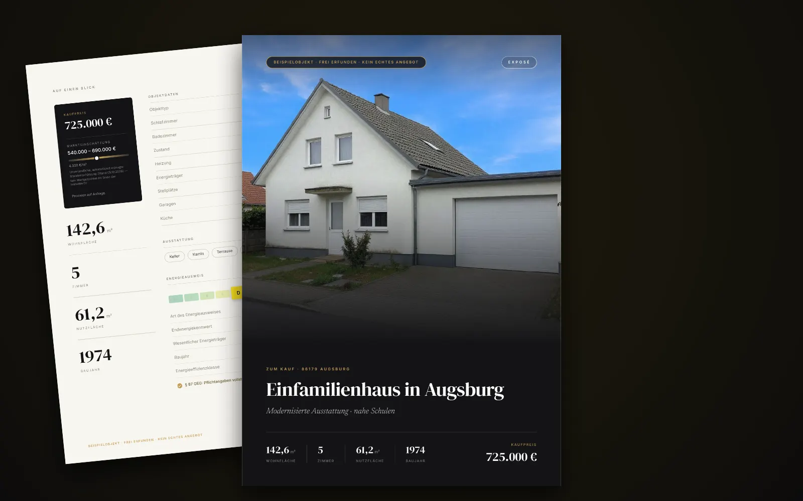 Exposé des Beispielobjekts in Augsburg: Titelseite mit Foto, Titel und Kaufpreis, dahinter zwei weitere Seiten
